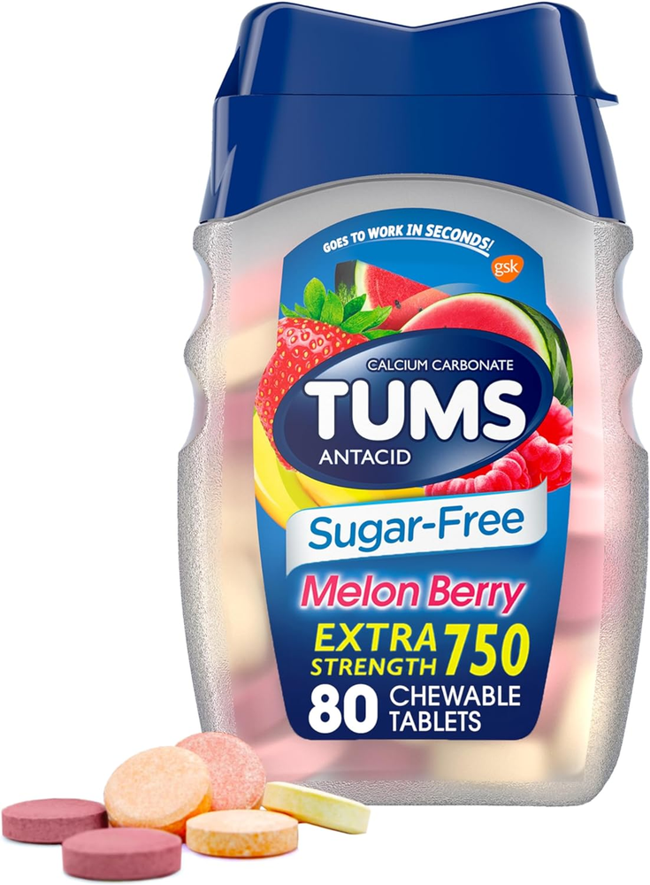 TUMS Extra Strength Chewable Sugar Free Antacid Tablets for Heartburn Relief, Me