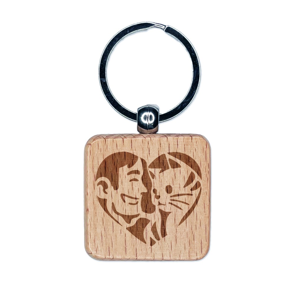 Man with Cat Kitten Pet in Heart Engraved Wood Square Keychain Tag Charm