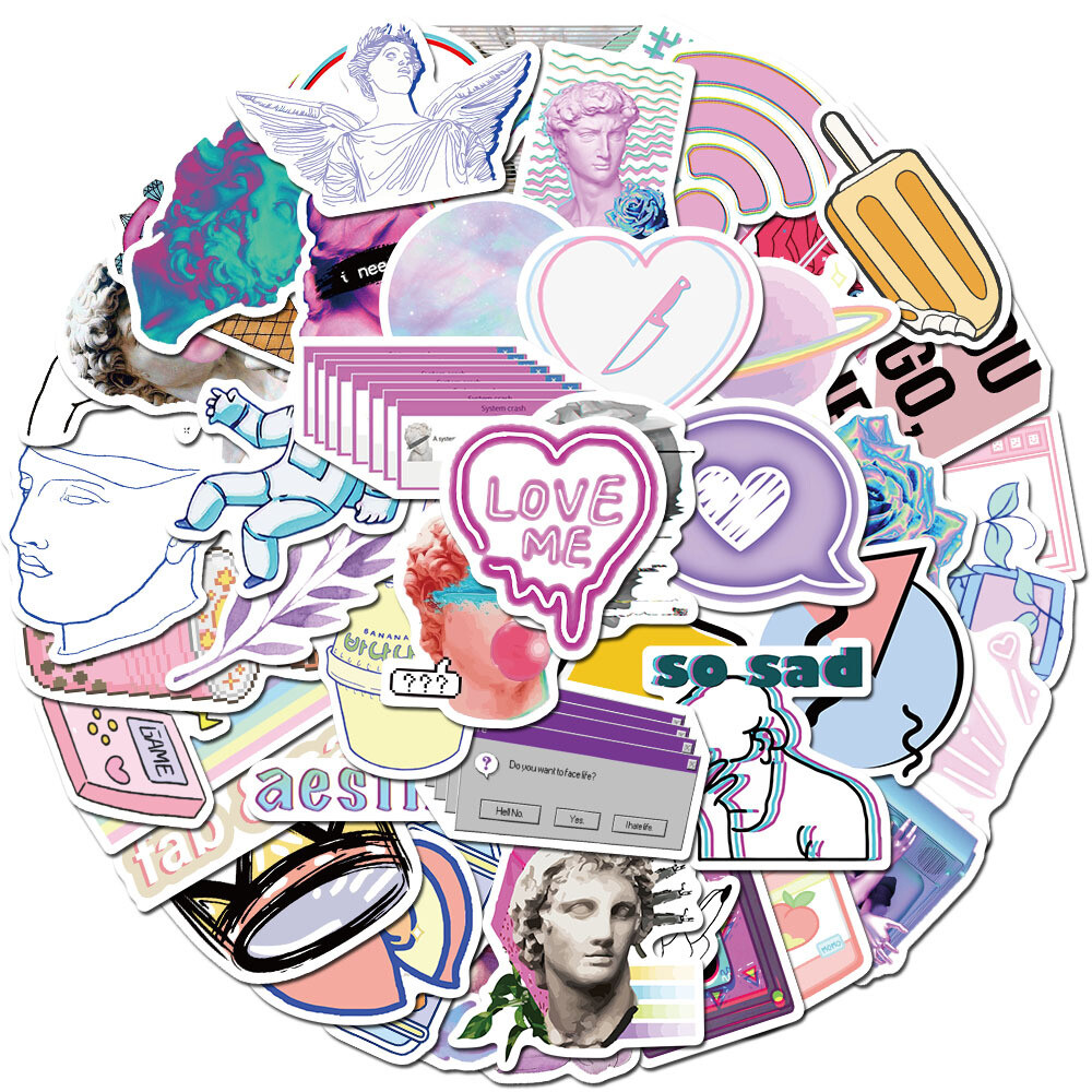 50pc Aesthetic Vaporwave Vinyl Stickers for Guitar Phone Laptop Luggage Computer