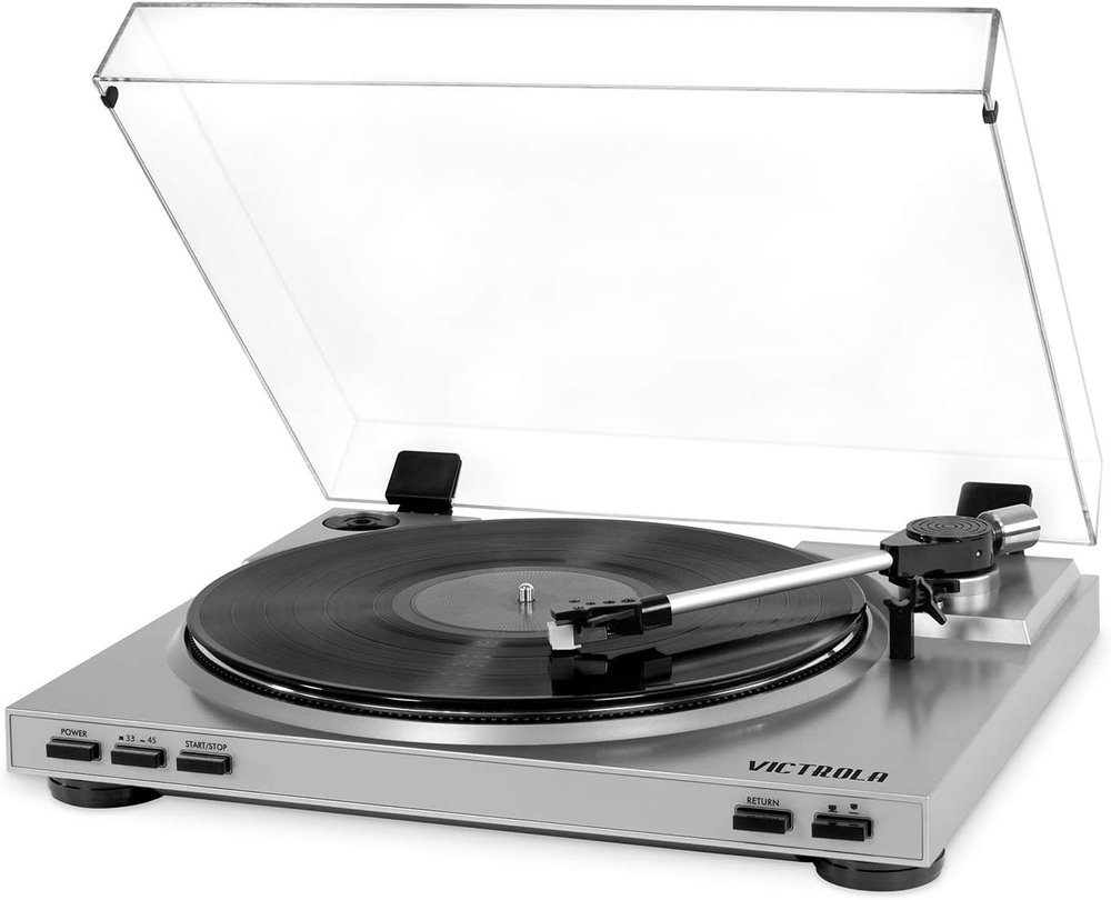 Pro USB Turntable with 2-Speed Playback and Dust Cover in Silver - VPRO-3100-S