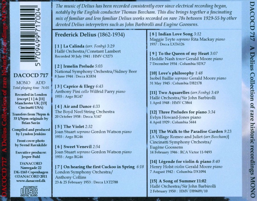 VARIOUS ARTISTS DELIUS COLLECTION OF RARE HISTORIC RECORDINGS NEW CD