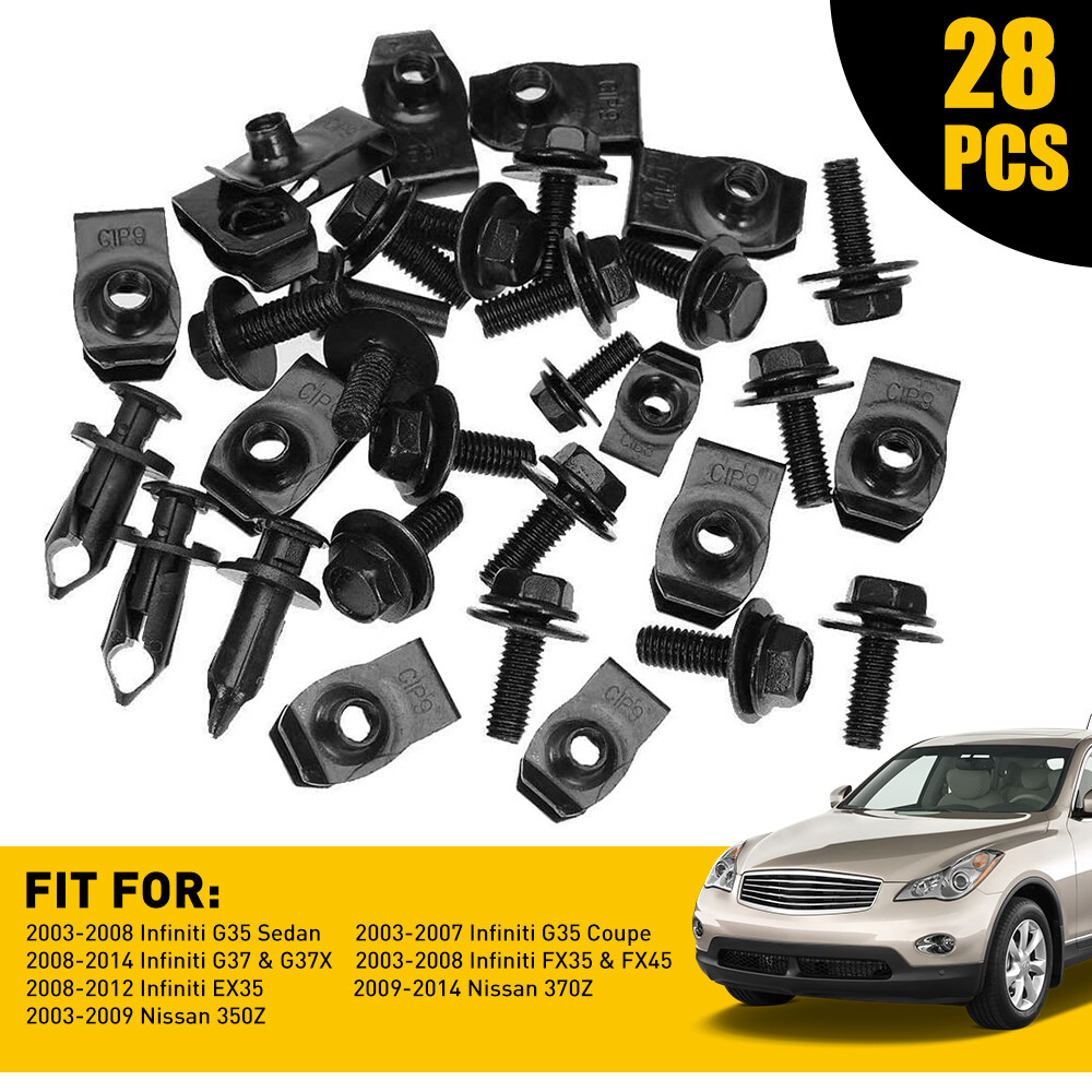 28-Piece Car Shield Splash Guard Fastener Kit with Body Engine Bolts, Fender Screws, Bumper Clips, and Rivets for Secure Installation and Durability