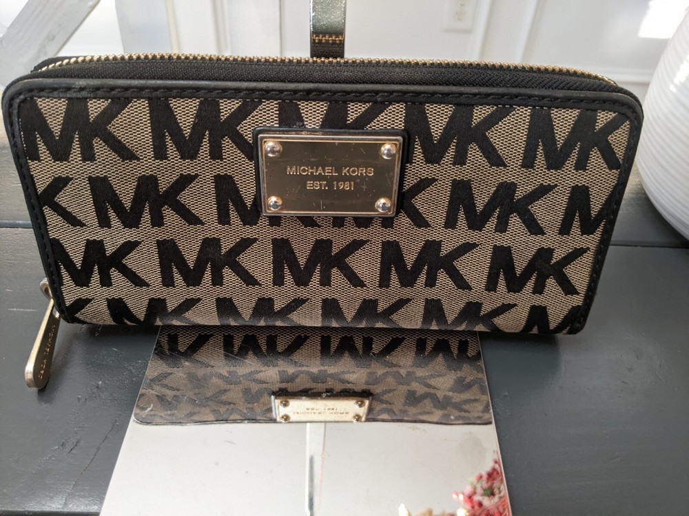Michael Kors Brown Black Signature Leather Wallet with Gold Accents