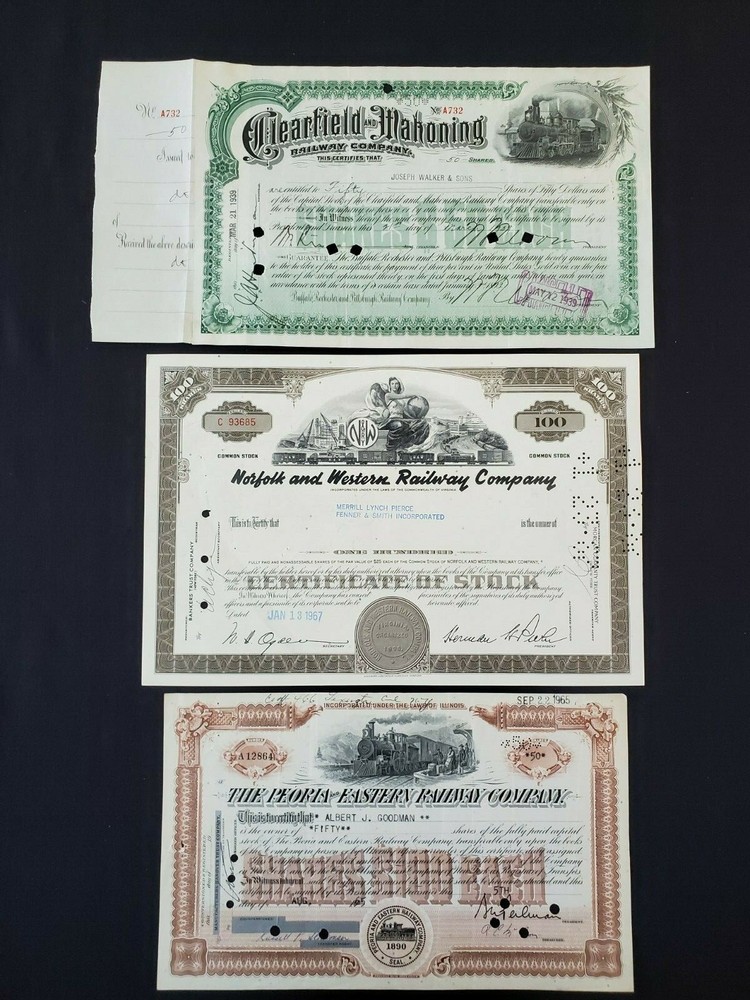 US Vintage Lot of 3 Railroad Stock Certificates - Clearfield, Peoria, Norfolk Collectibles