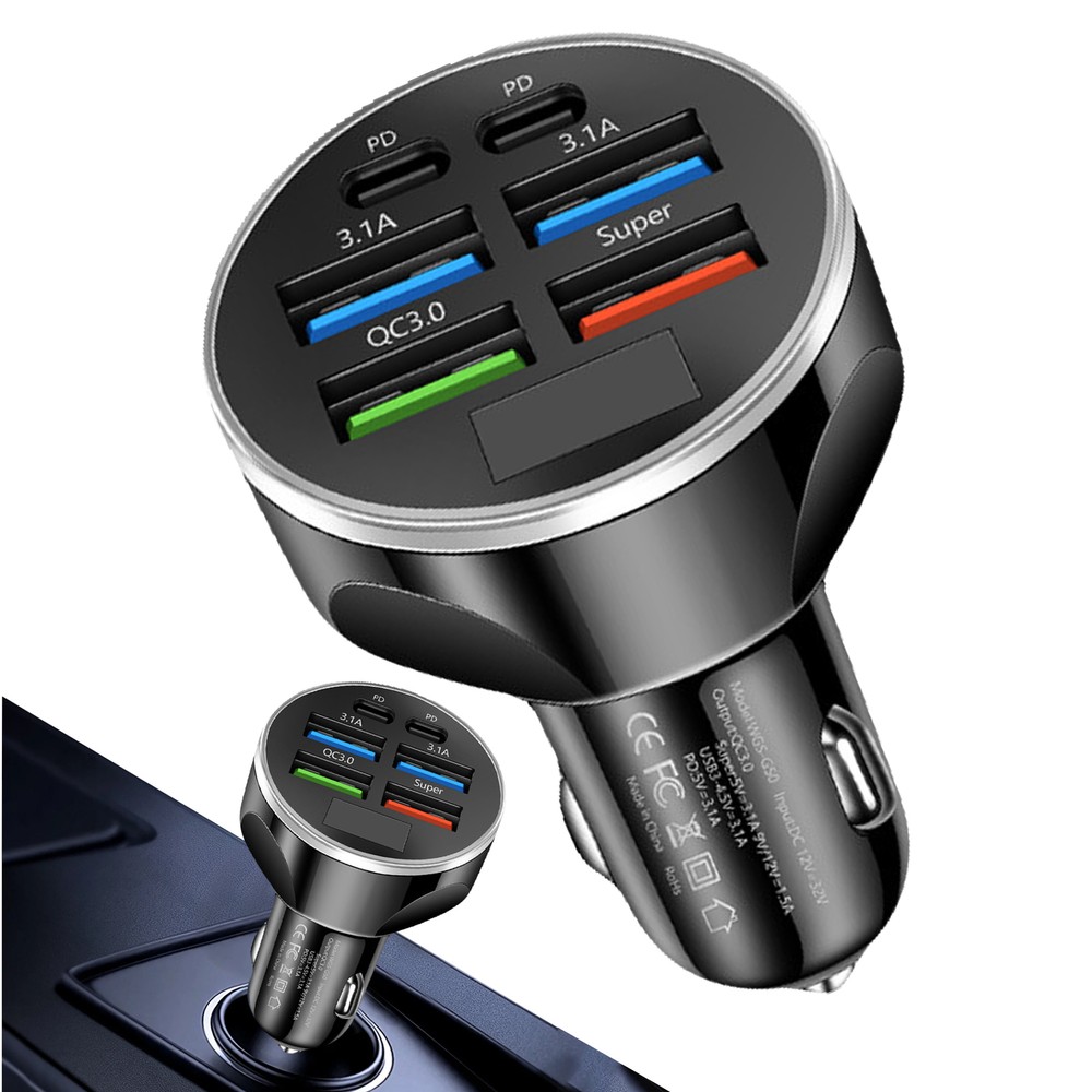 6-Port Car Charger with Digital Display - Fast USB Charging for Multiple Devices
