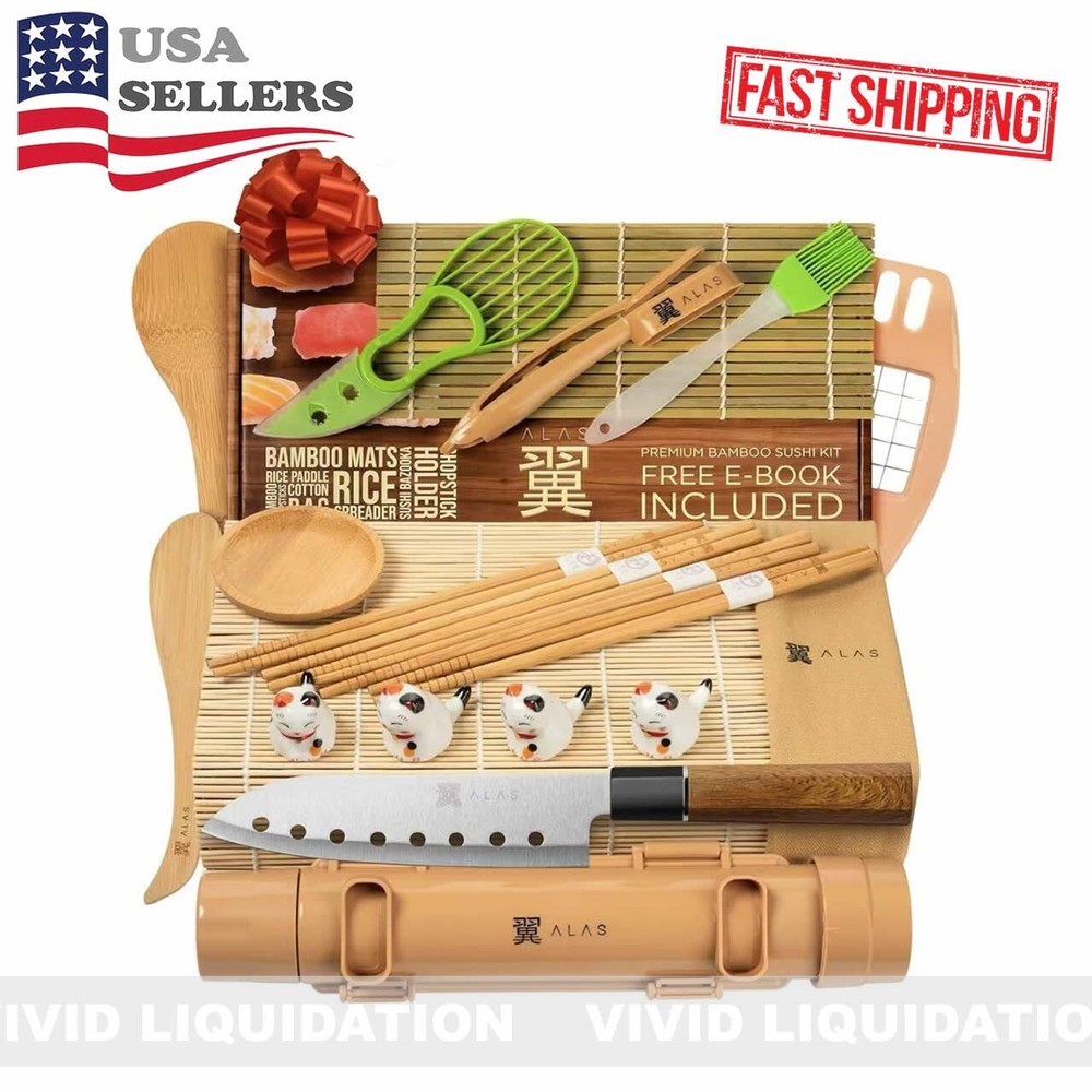 20-Piece Sushi Making Kit for Beginners & Pros – Includes Knife, Mats, Bazooka, Plate