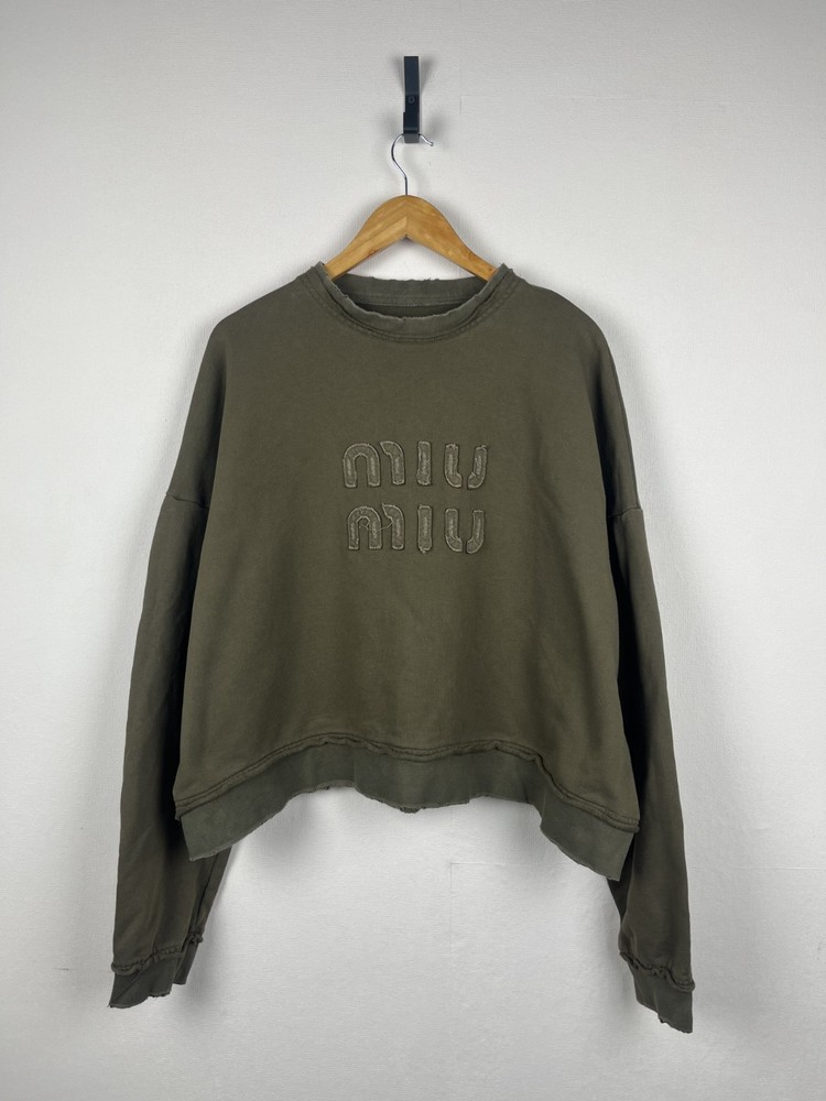 MIU MIU Womens Tops Distressed Sweatshirt Logo Cropped Crew Neck Green Size 40