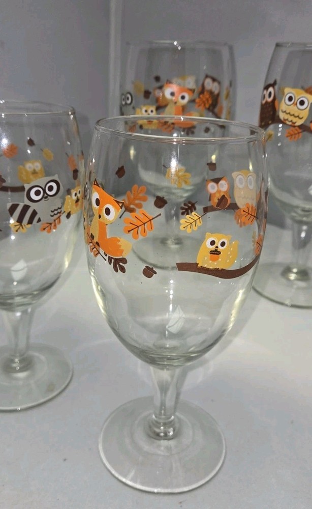 Vintage 1980s Libbey Hoot Owl Glass Goblet Set of 4 With Friends Design
