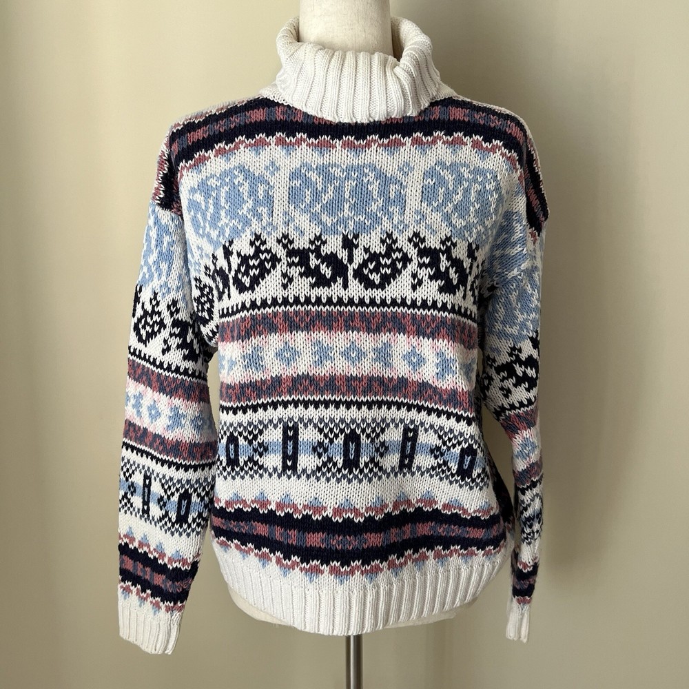 VTG 90s Paris Sports Club Grandma Sweater Sz L Blue Turtleneck Neck Cabincore