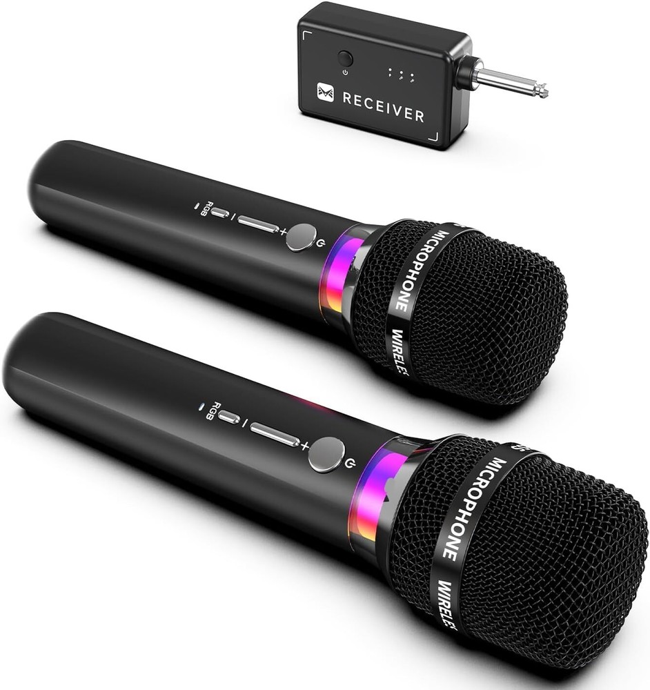 Rechargeable wireless dual mics with one-to-one chip sync and LED lights