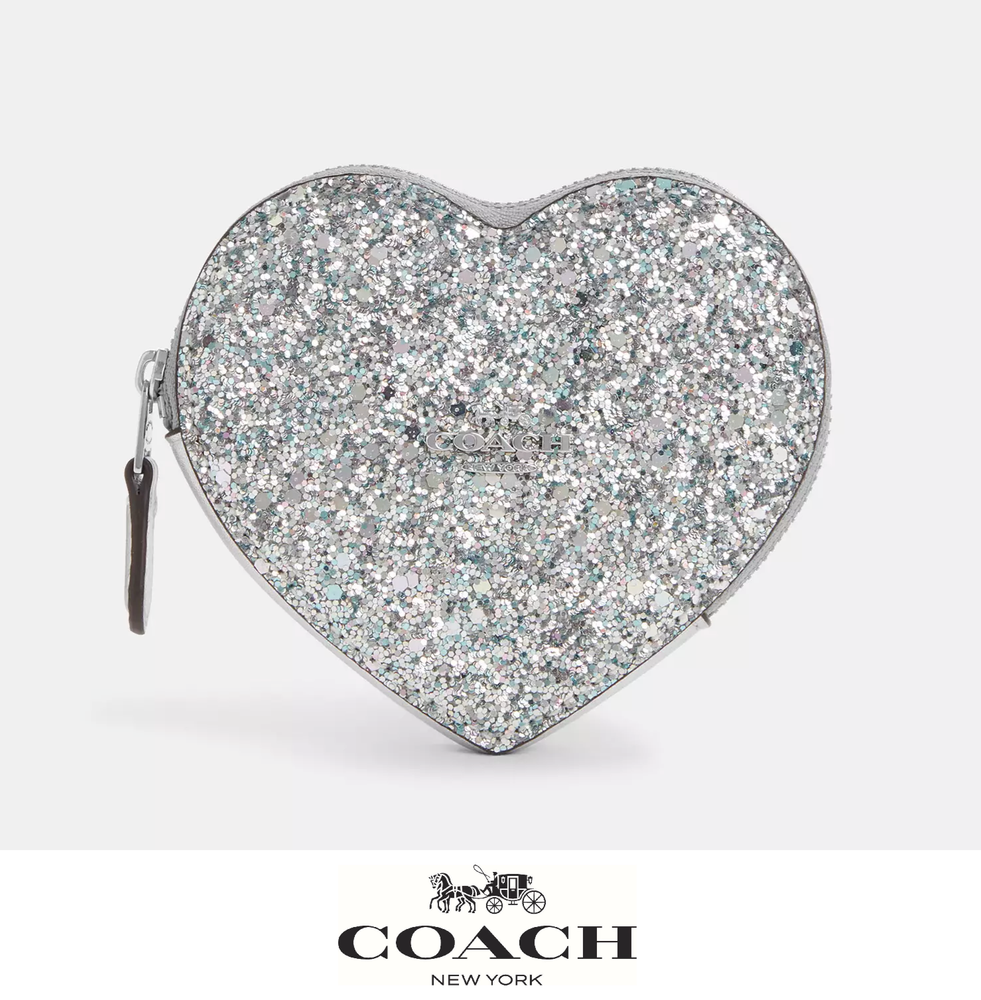 Coach Silver Glitter Heart Coin Case NWT