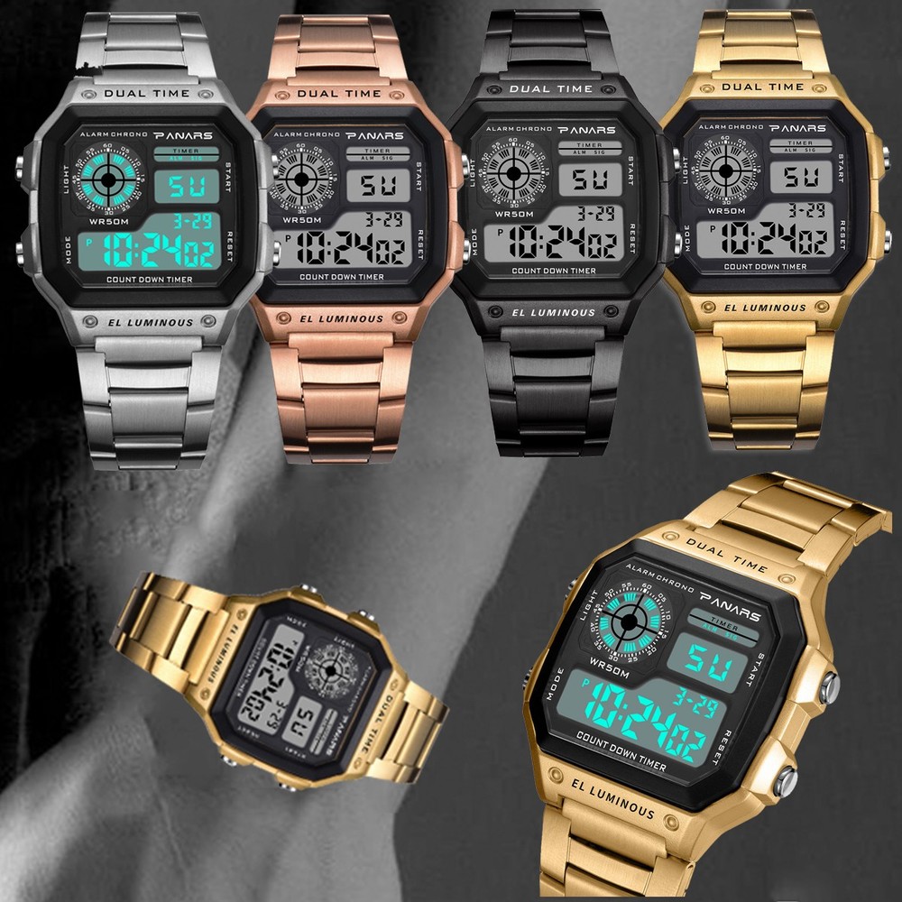 Classic Block Watch Fashion Sports Digital Watch LED Waterproof Metal Wristwatch