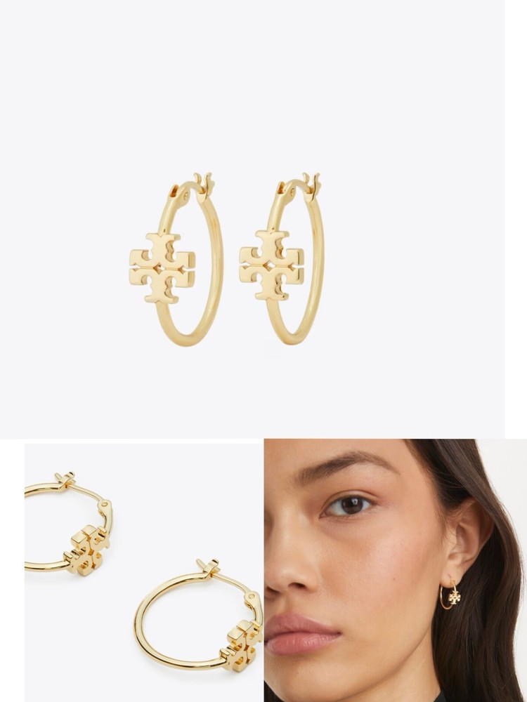 Tory Burch Double T Logo Mate Gold Color Kira Small Size Hoop Simple Elegant