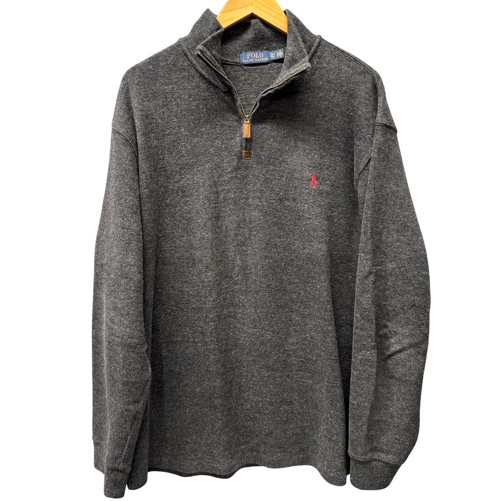 Polo Ralph Lauren Sweater Mens XL Gray 1/4 Zip Pullover Cotton Knit Red Pony