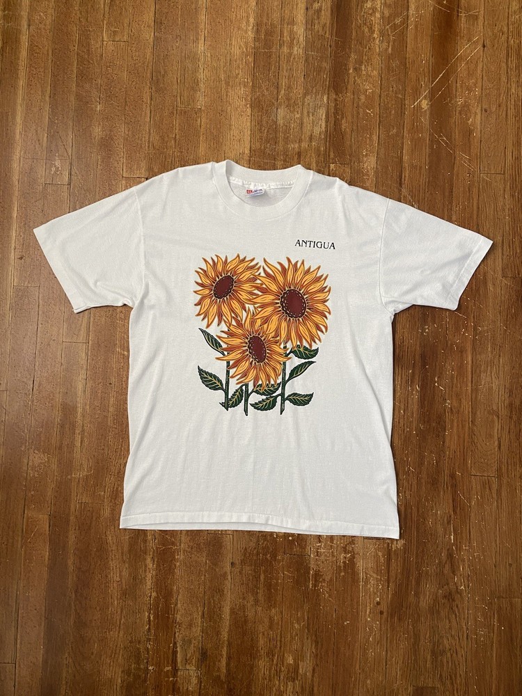 Vintage Single Stitch Sunflower Floral Center Logo White Graphic T-Shirt Large