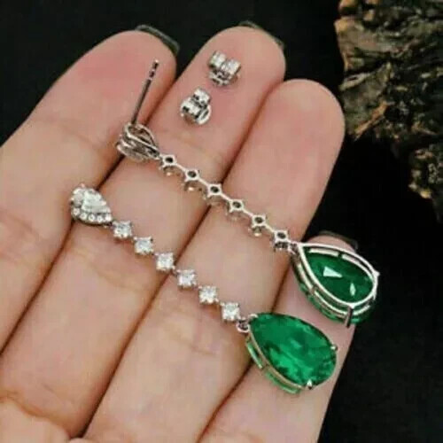 14k White Gold Plated 3Ct Pear Cut Green Lab Created Emerald Drop Earrings