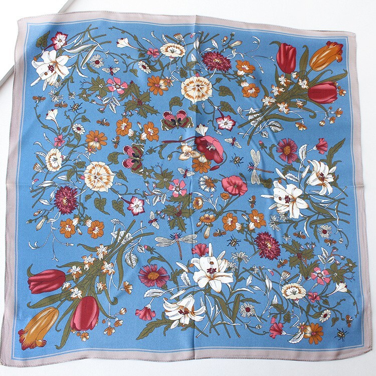 100% Silk Blue Floral Scarf for Women 53x53cm Lightweight Wrap Bandana