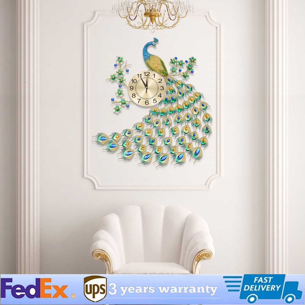 8'' Peacock Wall Clock 3D Metal Large Watch Living Room Wall Clock Watch Decor