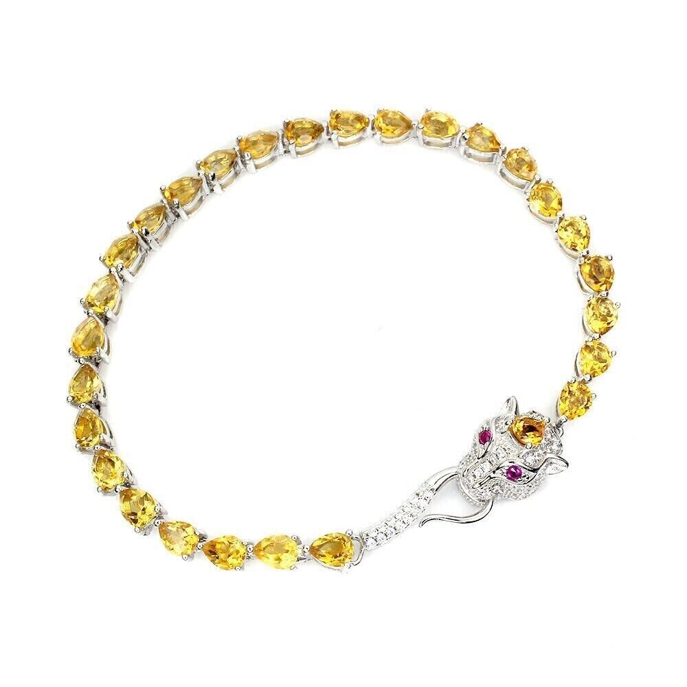 Sterling Silver Bracelet with Genuine Yellow Citrine and Tiger Design 7 1/4 Inch