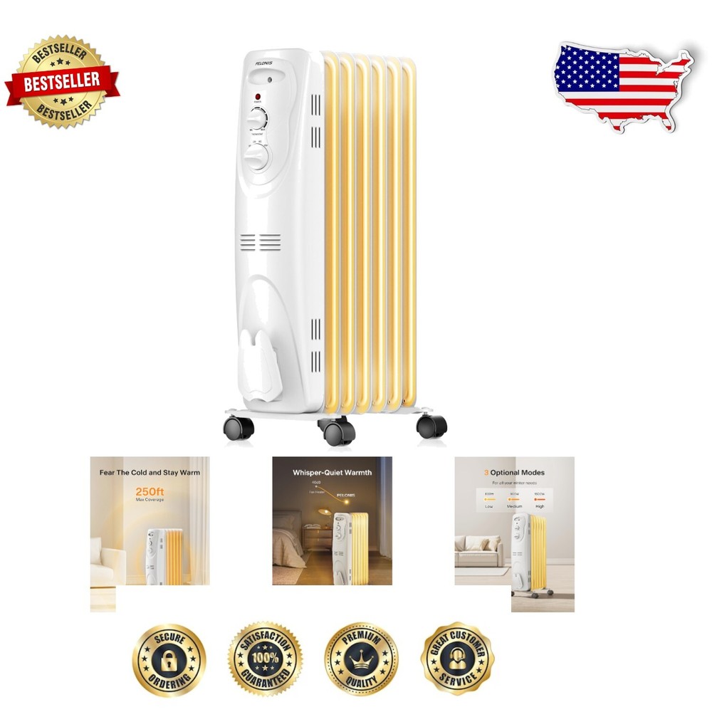 Portable Oil Filled Radiator Heater with 3 Heat Settings & Tip-Over Protection