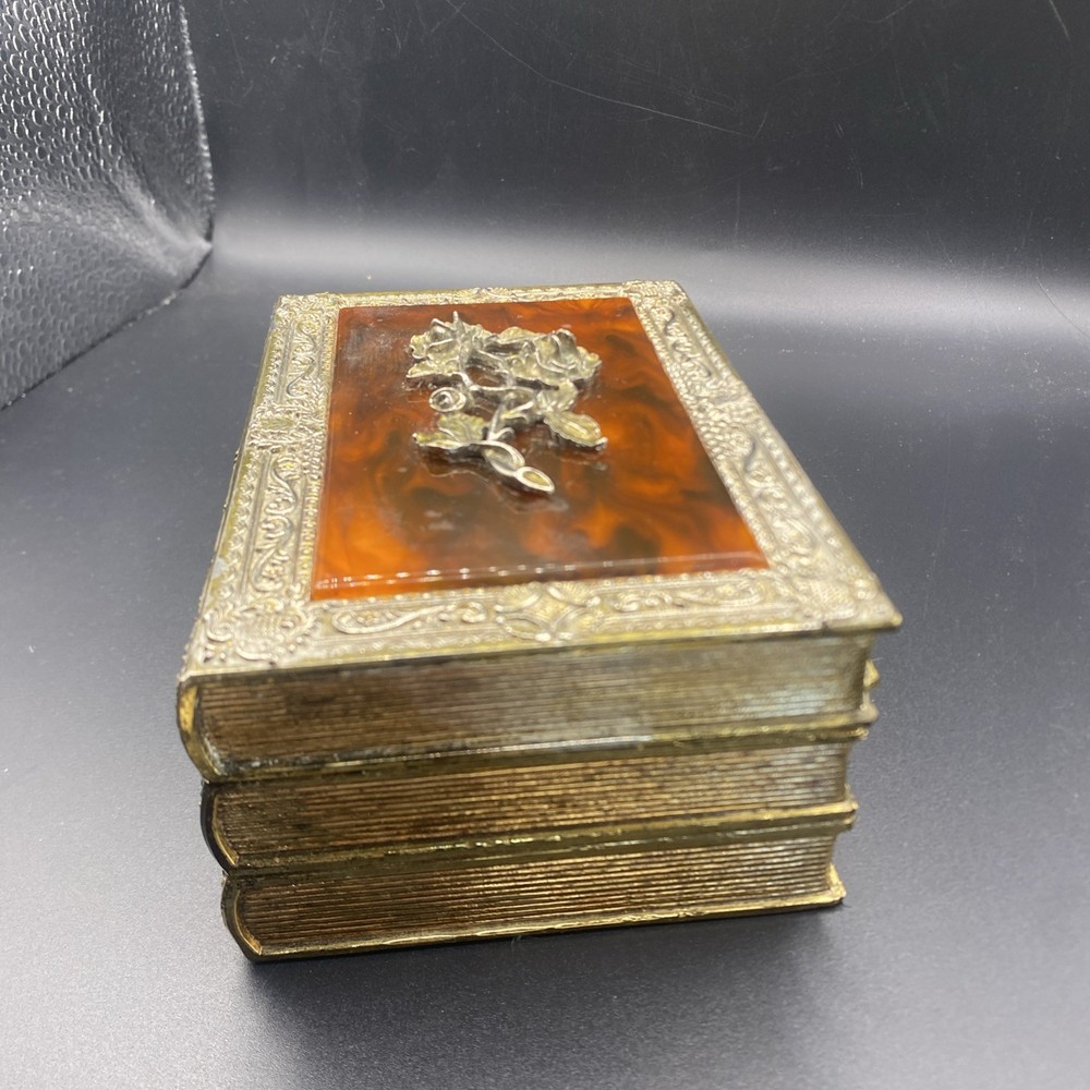 Vintage Linden Brass Plated Rose Jewelry Box Gold Tone 3 Stacked Book Shaped