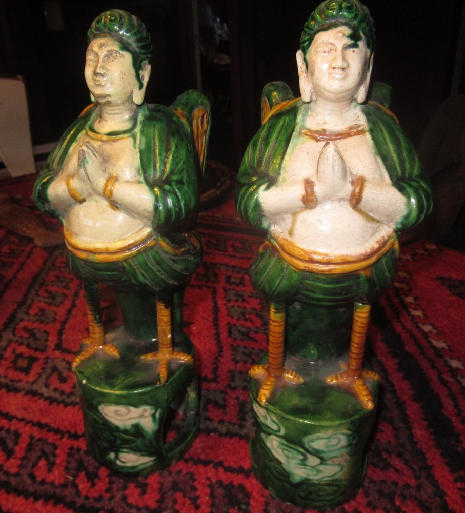 Rare Pair of Ming Sancai Buddhist Karyobinga Burial Figures