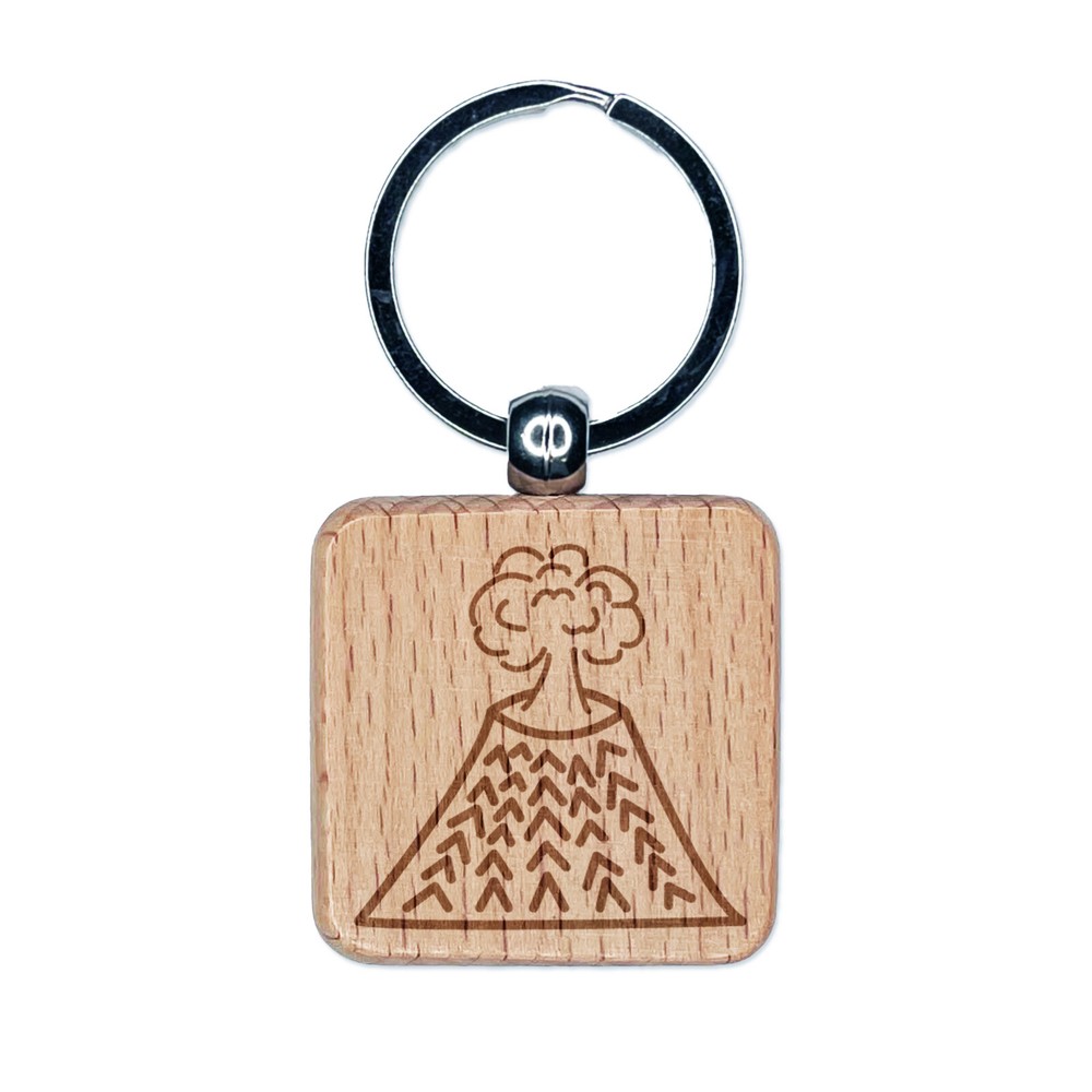 Volcano Eruption Laser Engraved Wooden Square Keychain Charm  