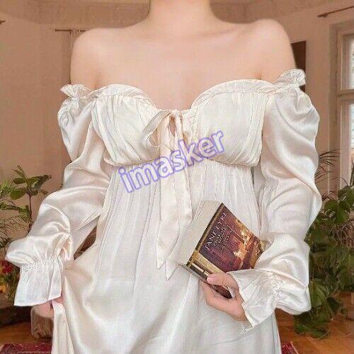 Women's Nightgown French Style Long Sleeve Night Dress Bow Sexy Homewear S-2XL