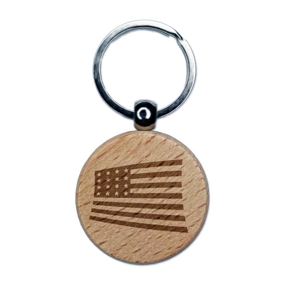 USA Flag Wooden Keychain - Patriotic Engraved Charm