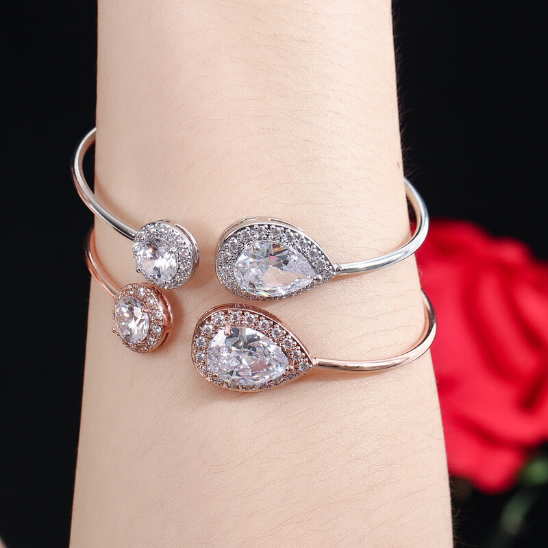 Women Simple Elegant Rose Gold Plated CZ Zircon Adjustable Cuff Bangle Bracelet
