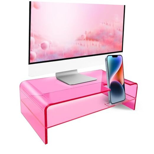 Bright Pink Acrylic Monitor Stand, Premium Computer Riser, Clear Desk Riser,