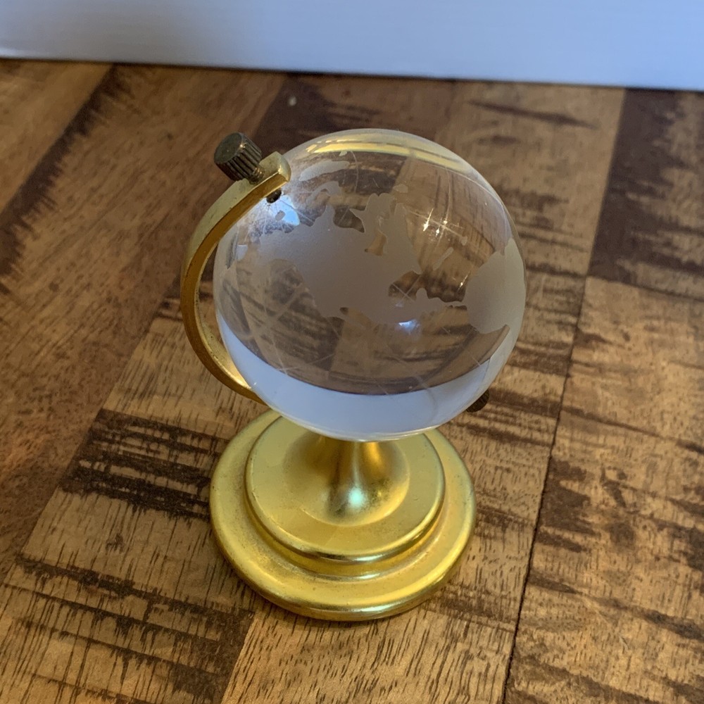 Vintage Glass Clear Etched Globe with Brass Stand Small Paperweight