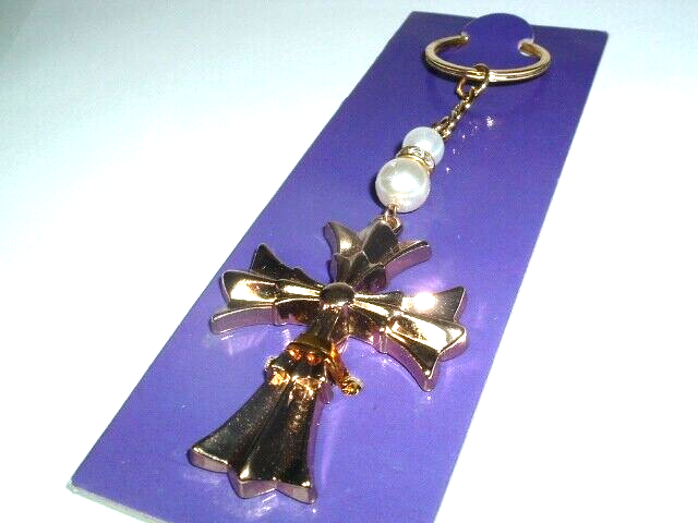 Golden Cross White Pearl Rhinestone Keychain New Without Tags