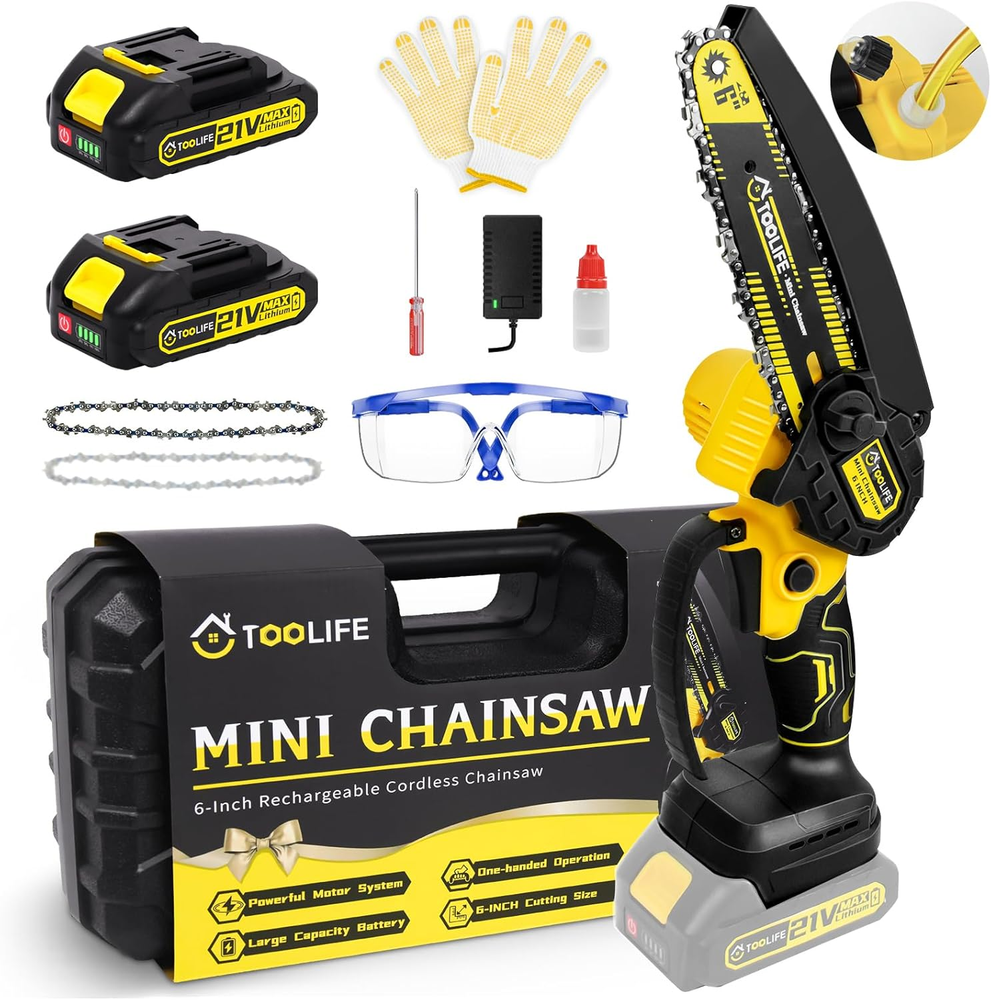 6-Inch Cordless Mini Chainsaw with Auto Oiling & 2 Batteries