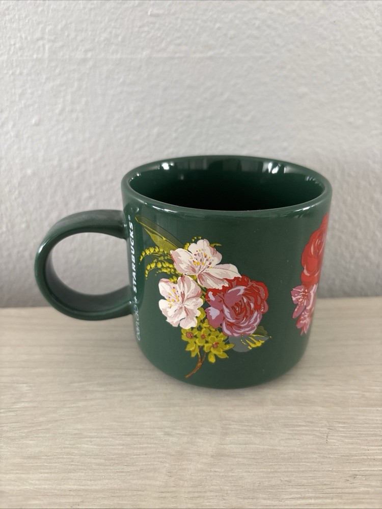 Starbucks Green Floral Ceramic Mug 12 oz Red Rose Holiday 2018