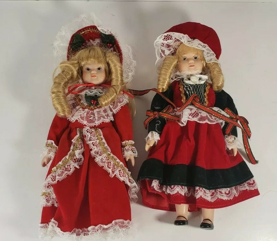 Set Of 2 Vintage Christmas Holiday Porcelain Sisters Dolls - Collectible Gift