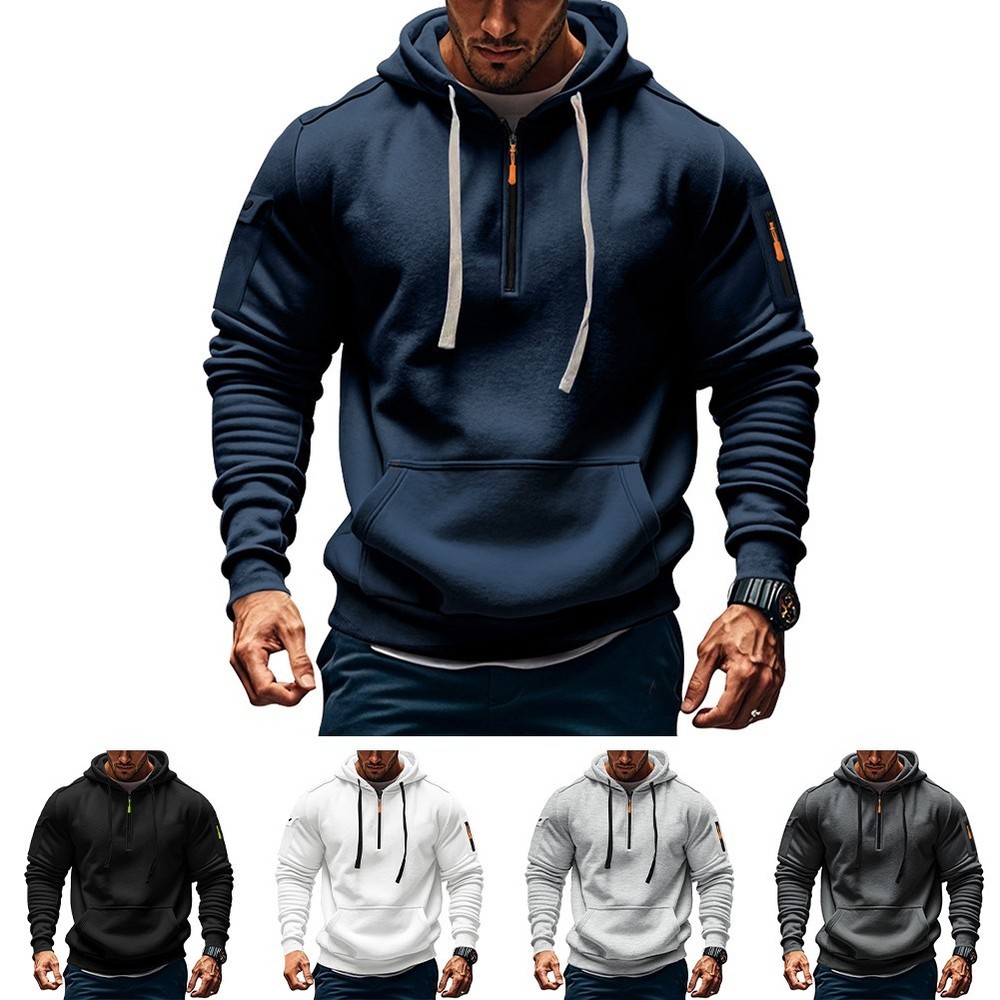 Mens Long Sleeve Pullover Hoodie Sweatshirt with Hood and Zipper Pocket