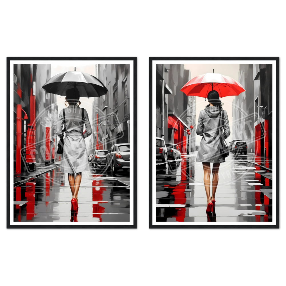 Stylish Women with Umbrellas Wooden Framed Urban Wall Art for Home Decor