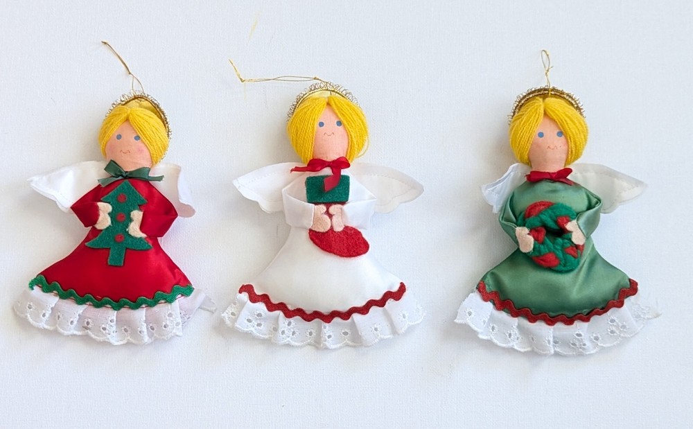 Vintage Russ Berrie Fabric Angel Christmas Ornament (Set Of 3) 1980's