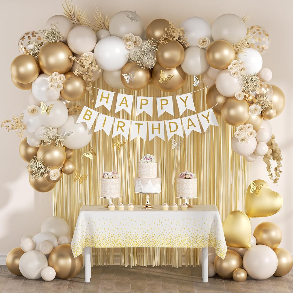 White and Golden Birthday Party Decorations with Happy Birthday Banner Fringe Cu