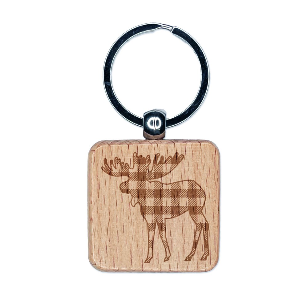 Plaid Buffalo Moose Engraved Wood Keychain Charm
