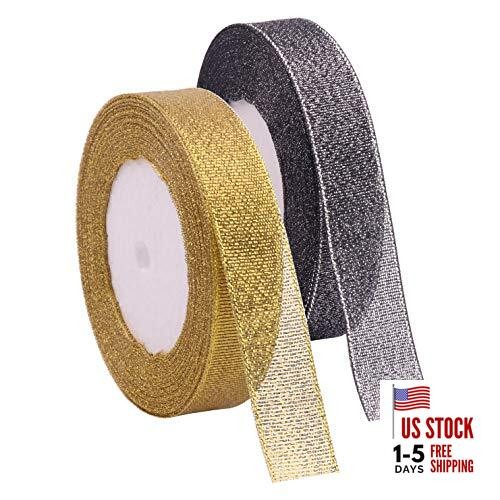 2 Rolls 4/5 Inch 50 Yards Polyester Yarn Metallic 3/4 inch Black and Gold