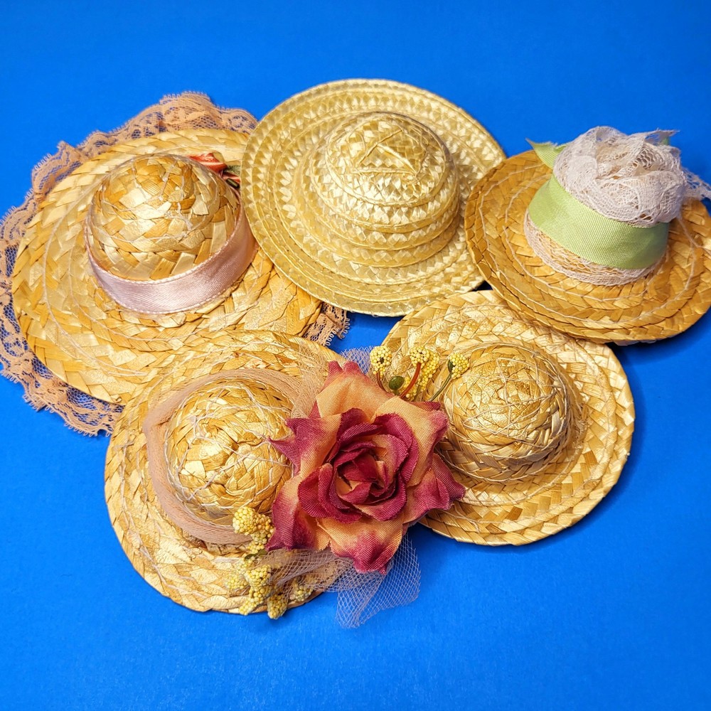 Lot of 5 Straw Hats for Fashion Dolls Decorated and Plain Barbie and Friends