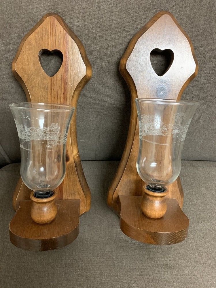 Vintage Oak Wood Wall Sconce with Heart Glass Votive Candle Holder Farmhouse Decor