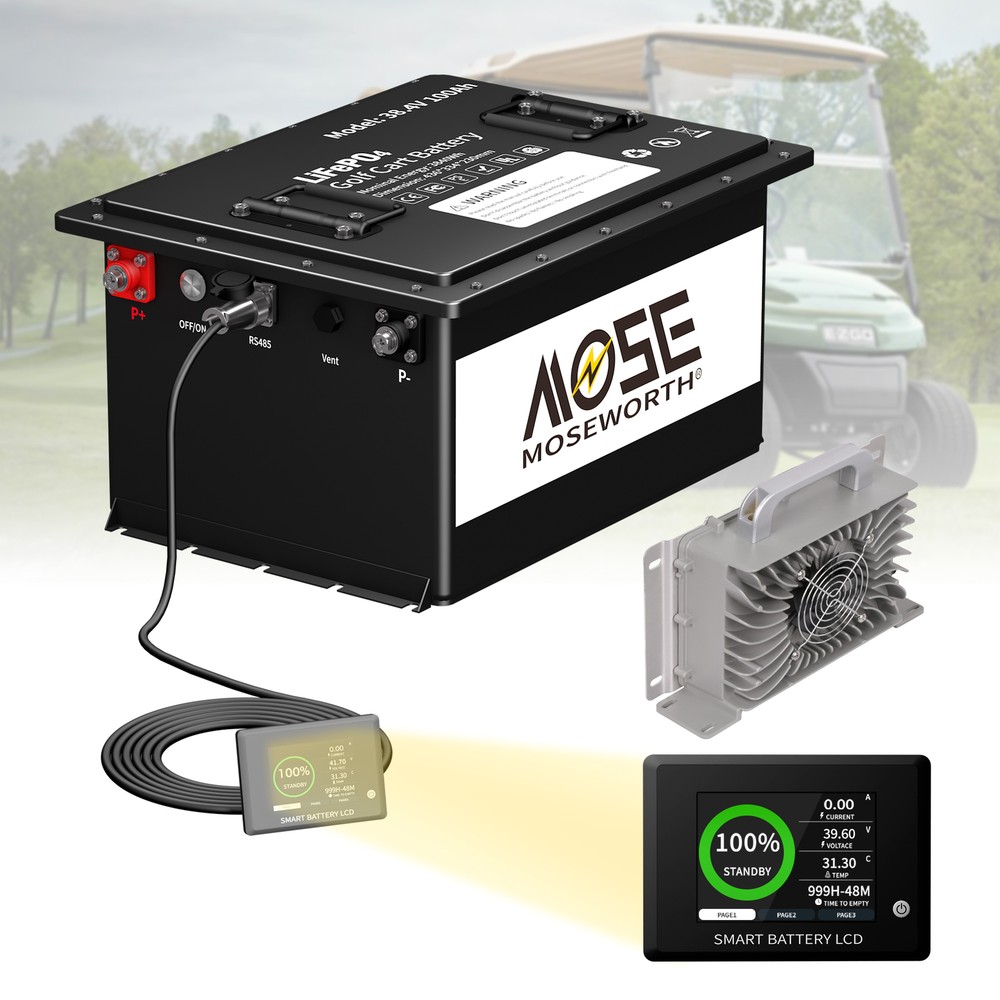 36V 105Ah LiFePO4 Golf Cart Battery with 200A BMS 15000+ Cycles Includes Monitor and 20A Charger