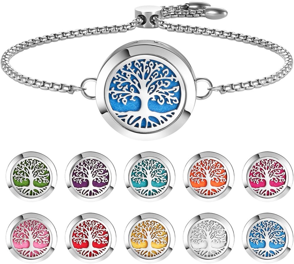 Aromatherapy Essential Oil Diffuser Bracelet with Tree of Life Locket Adjustable