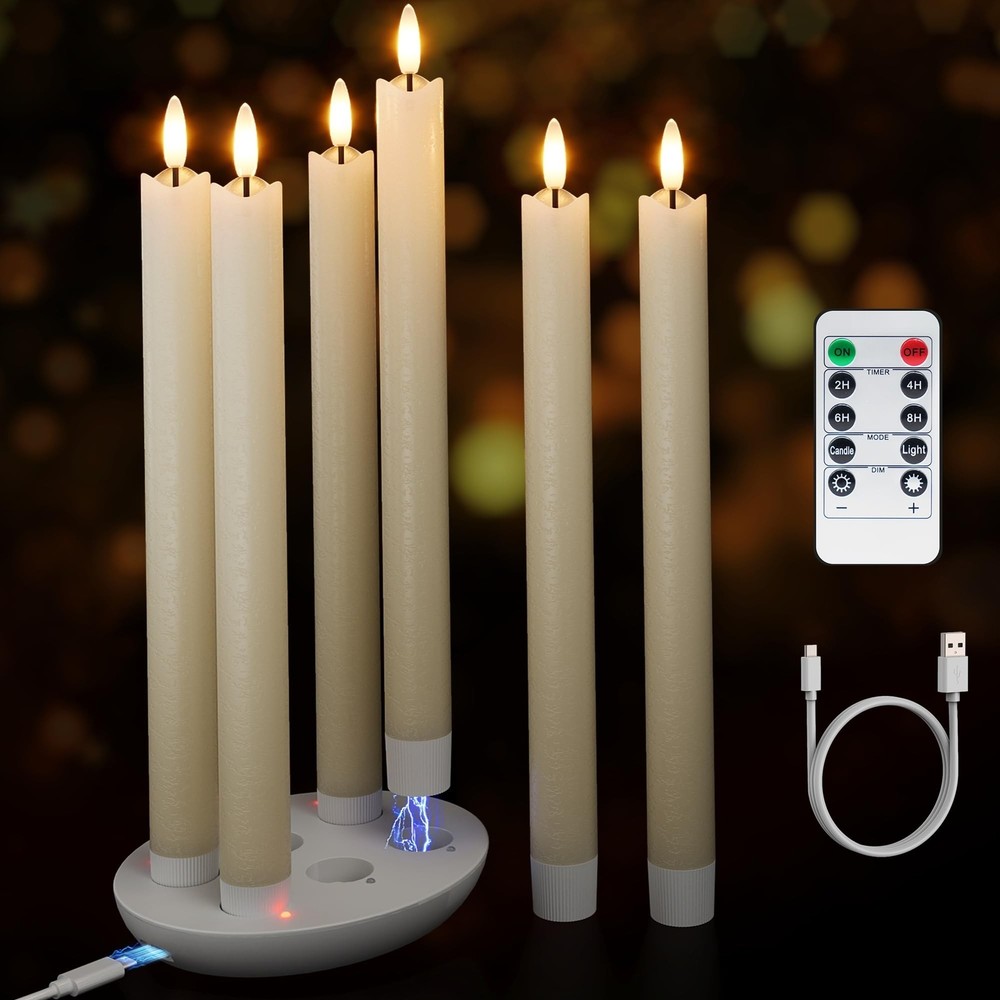 Flameless Rechargeable Taper Candles 6-Pack with Charging Station Real Wax LED Lights