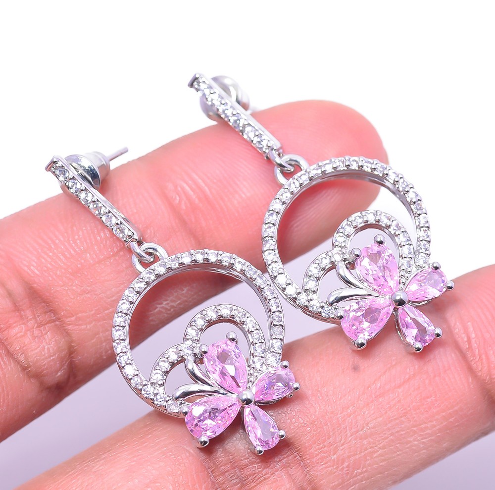 Pink Sapphire - Simulated & Cubic Zirconia 925 Sterling Silver Earring 1.56