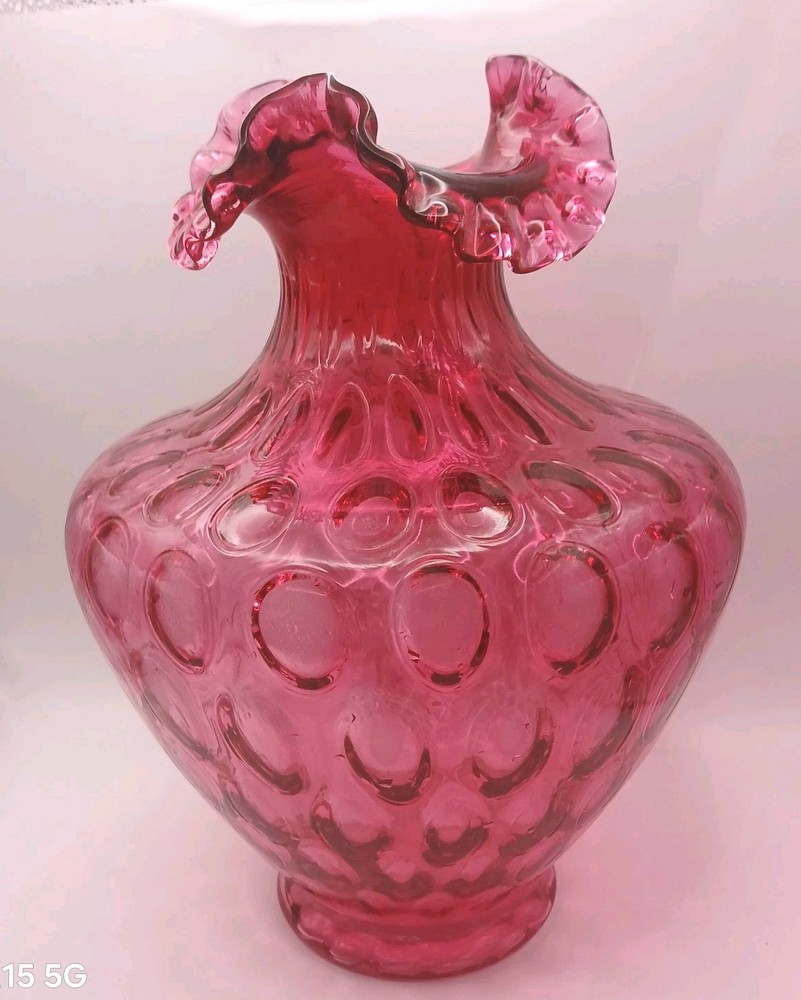 Vintage Fenton Cranberry Glass Large Coin Dot Vase W/ Ruffled Rim 11.5