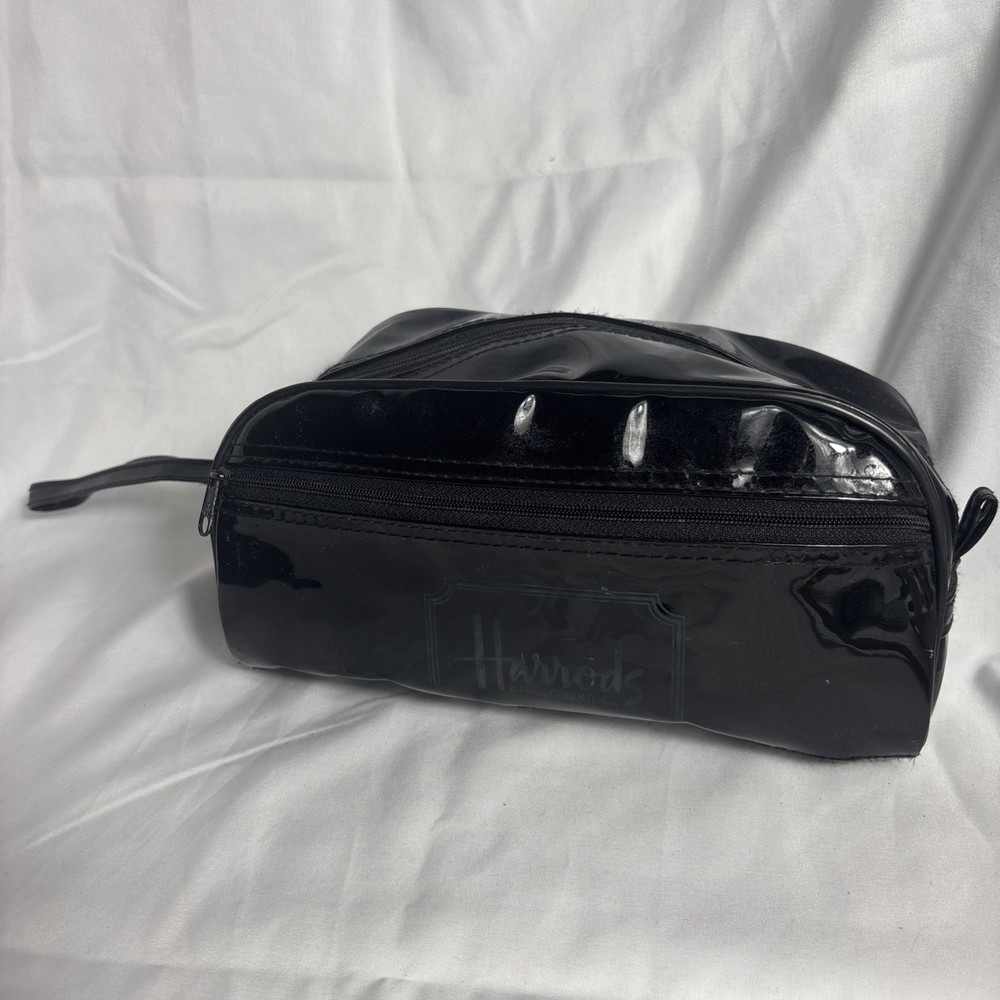 Harrods Knightsbridge Black Patent Leather Pleather Makeup Toiletry Bag Dopp Kit